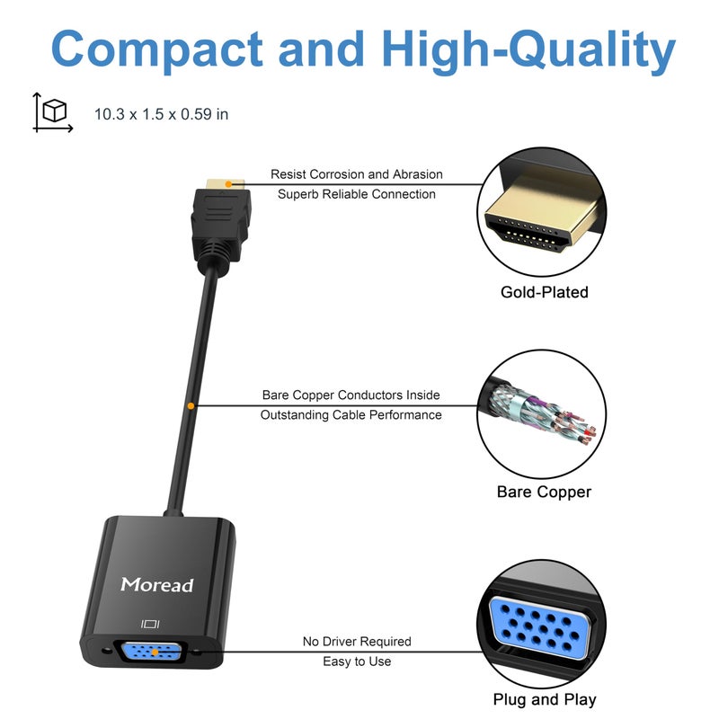 Moread HDMI to VGA, 5 Pack, Uni-Directional Gold-Plated HDMI to VGA Adapter (Male to Female) for Computer, Desktop, Laptop, PC, Monitor, Projector, HDTV, Chromebook, Raspberry Pi, Xbox and More - Image 5